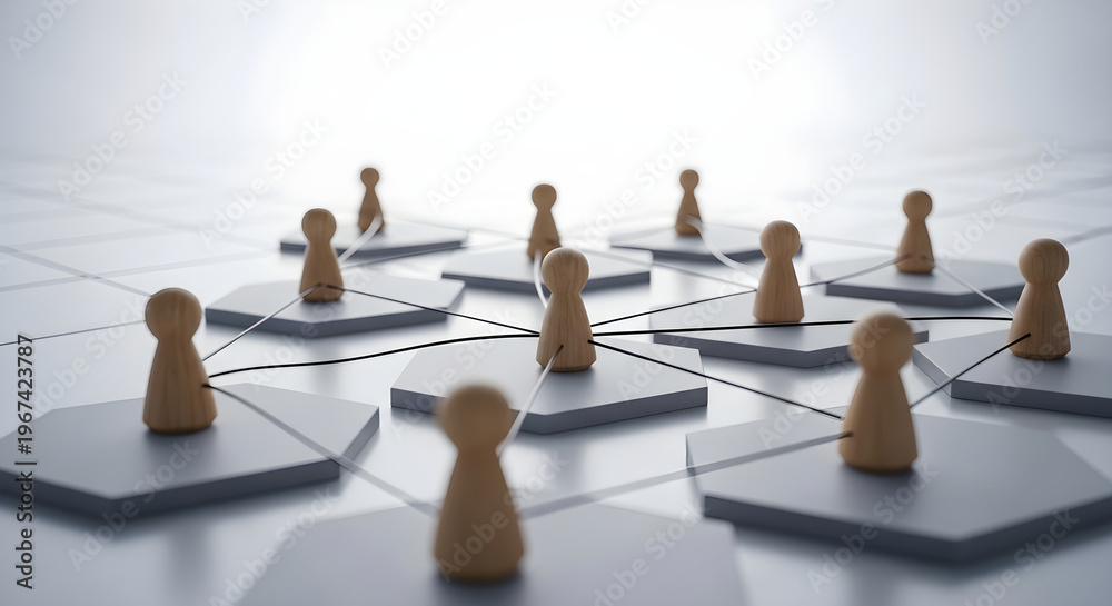 Obraz premium network connection concept with wooden pawns on hexagonal tiles