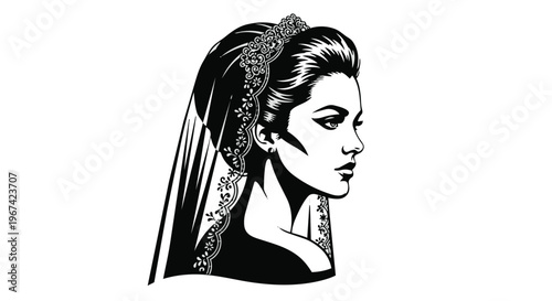 Elegant bride portrait with veil and tiara, black and white vector illustration