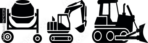 Three essential construction machines in a row for building projects
