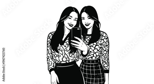 Two young women taking a selfie together, black and white line art illustration