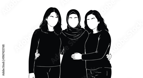 Three diverse young women standing together in a friendly embrace