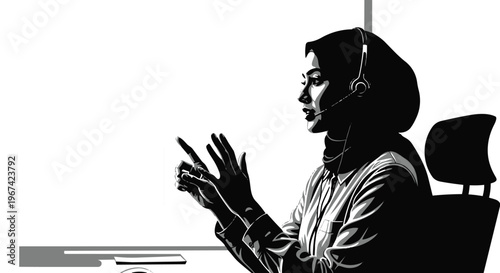 Professional woman wearing hijab and headset working in office