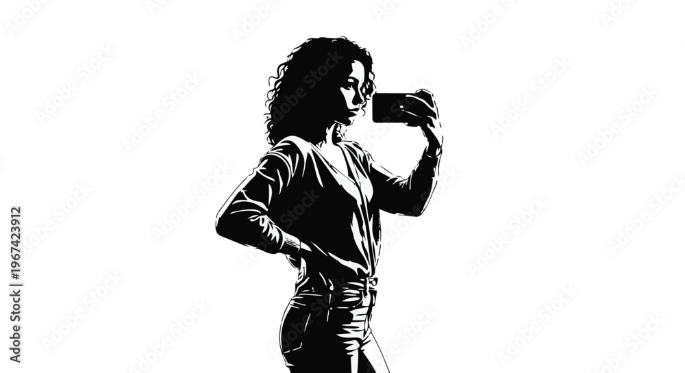 Obraz premium Silhouette of a young woman with curly hair taking a selfie with a smartphone