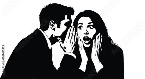 Man whispering a secret to a shocked woman