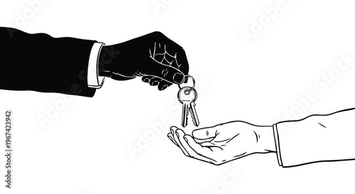 Handover of keys from one person to another, business transaction or real estate concept