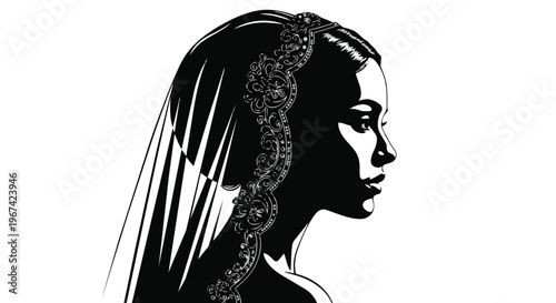 Elegant silhouette of a bride in profile wearing a detailed lace veil