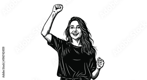 Happy young woman with raised fist celebrating success
