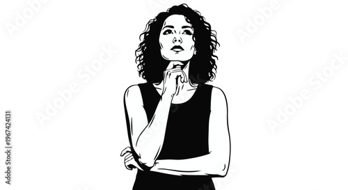 Thoughtful woman with curly hair looking up, hand on chin, black and white vector illustration