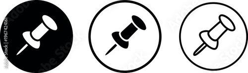 Three different styles of push pins in circular icons with varying background colors