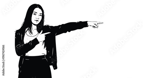 Young woman pointing to the side with both hands