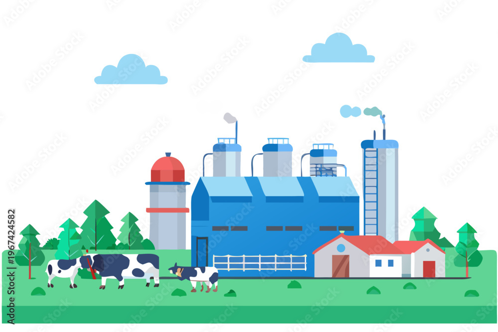 Naklejka premium Industrial complex with factory cows and a small house in landscape