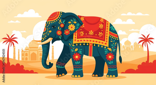 Indian Decorated Elephant with Taj Mahal in Mughal Art Style Vector Illustration