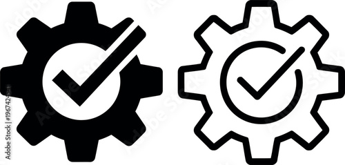 Contrast of filled and outlined gear icons with checkmarks indicating success or validation