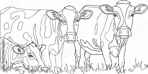 Line art illustration of three cows grazing in a grassy field