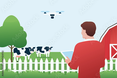 A farmer using a tablet while a drone surveys the pasture and cows