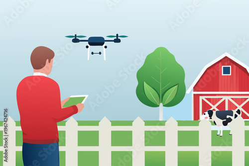 A farmer uses a drone to monitor a farm with a red barn