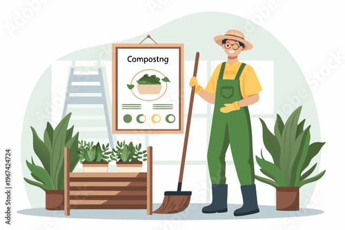A gardener presents a composting guide in a lush green environment