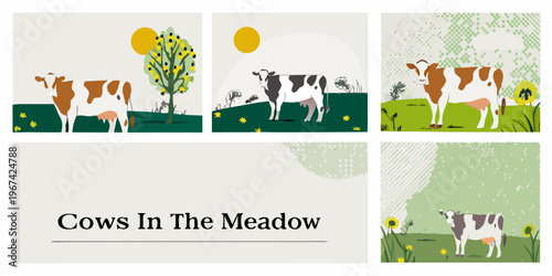 Stylized illustration of cows in a meadow with sun and tree elements