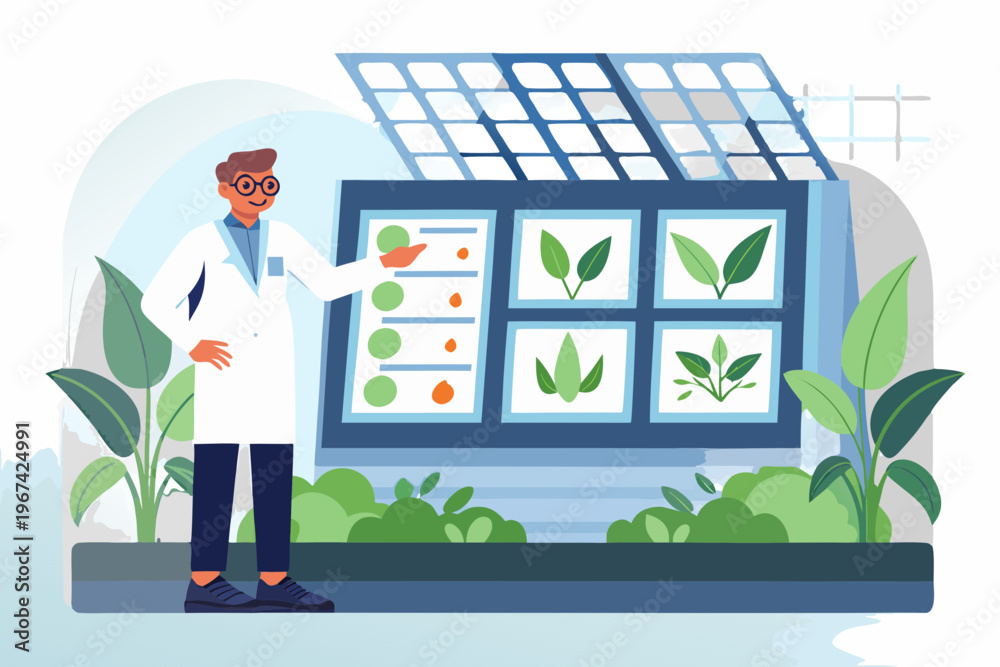 Naklejka premium Scientist presenting data from a greenhouse monitoring system with growing plants