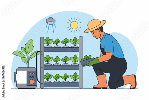 Indoor farming setup with gardener tending to growing plants under led lights