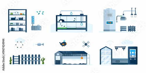 Smart farming technology illustration displaying automated systems and connected devices