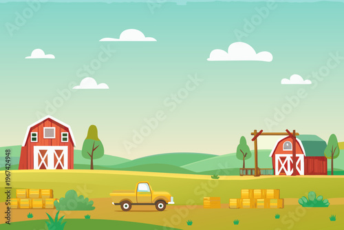 A charming rural scene featuring barns hay bales and a yellow pickup truck