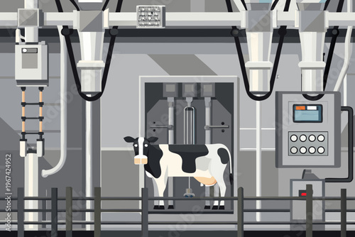 A black and white cow stands within a modern robotic milking parlor