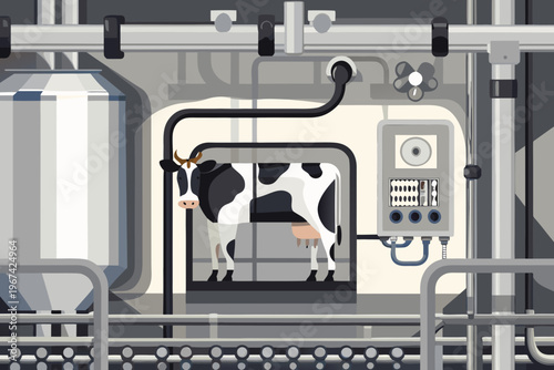 Automated dairy farm with a black and white cow in a robotic stall