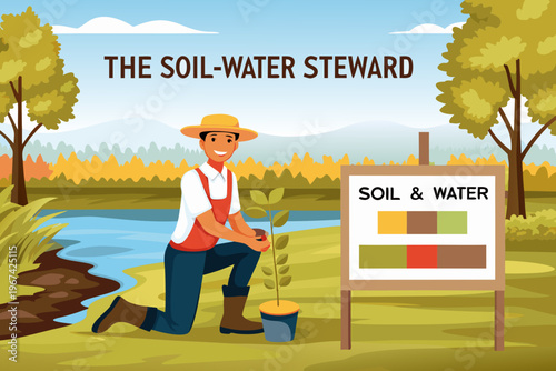 A farmer kneels by a young plant near a river and informational sign