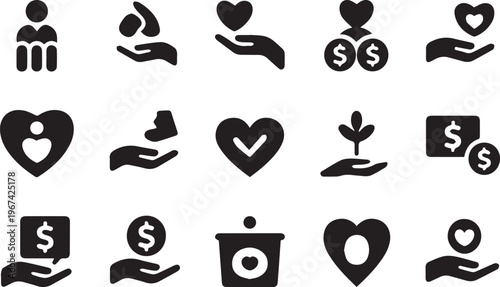 Charity and donation icons collection featuring heart shapes hands and money symbols for social work non profit and community service use
