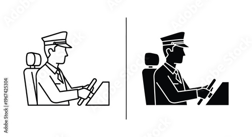 Driver in a vehicle depicted in two contrasting styles silhouette