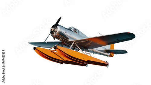 Silver seaplane with orange floats propeller and wings, isolated on transparent background