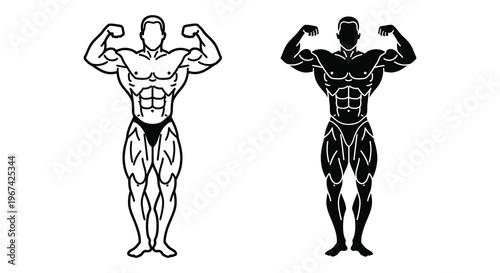 Two muscular men posing showcasing defined physiques in black and white silhouette