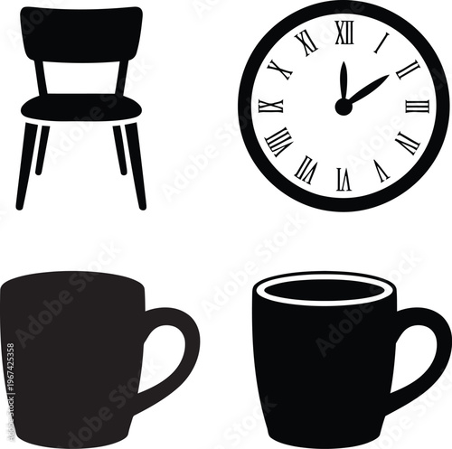 Depicting a chair, clock and two coffee mugs icons 