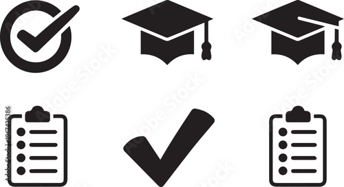 Education and productivity icon set featuring graduation caps check marks and clipboards representing academic success and task management