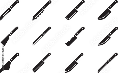 Kitchen knife set icons featuring different types of professional cutlery for cooking and food preparation tasks in culinary environments
