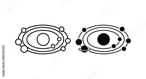 Planetary systems depicted with orbital paths in a stark silhouette