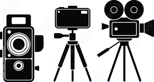 Vintage cameras and a film camera on tripods silhouette icon.