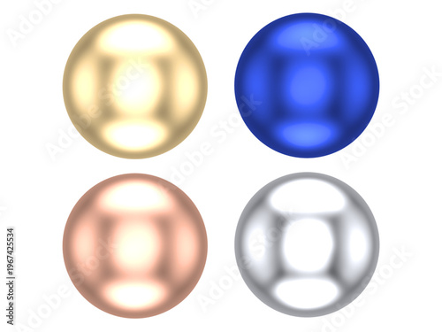 Metallic Sphere Beads Set – Gold, Blue, Rose Gold, Silver (High‑Res PNG), Four glossy metallic spheres in gold, cobalt blue, rose gold, and silver. Transparent PNG set for branding, UI, mockups