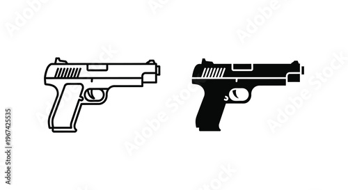 Two handgun illustrations one outlined and one as a dark silhouette