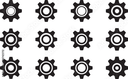 Set of black gear wheel icons for industrial design engineering and mechanical systems concepts on white background for manufacturing