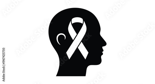 A human head profile with a ribbon symbolizing awareness silhouette