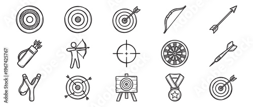 Collection of hand-drawn archery and target practice icons, featuring bows, arrows, quivers, targets, and a medal, presented in a sketch art style