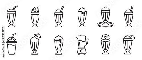 Collection of twelve simple black outline icons depicting various milkshakes, smoothies, and a blender