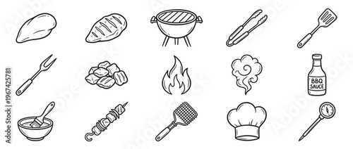Various hand-drawn barbecue cooking icons including a grill, meat, fire, and utensils, presented in a simple black and white doodle style