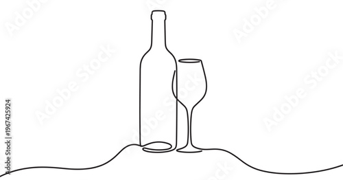 Minimalist continuous line drawing depicts a wine bottle and a wine glass, rendered in a simple, elegant style