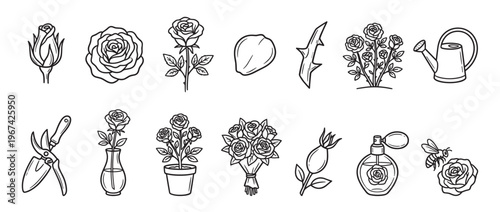 Collection of hand-drawn rose elements and gardening tools in a clean, black and white outline style