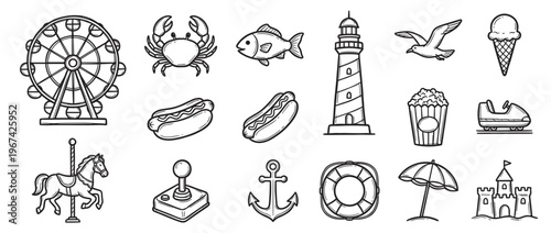 Collection of hand-drawn black and white amusement park and beach-themed icons, featuring various summer elements