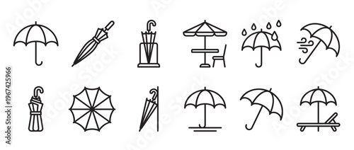 Collection of various umbrella icons, including open, closed, folded, and beach umbrellas, depicted in a clean outline style