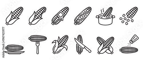 Collection of black outline icons depicting various corn on the cob preparations and forms, presented in a clean, graphic style